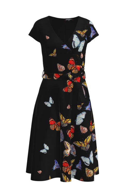 Rochie casual neagra de vara cu maneca scurta si imprimeu Fluturi CMD909