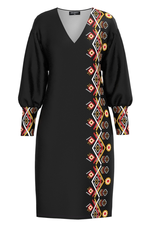 Rochie casual neagra din catifea cu imprimeu traditional