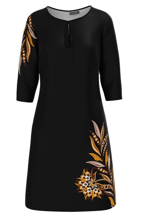 Rochie casual neagra imprimata cu model floral traditional CMD1245