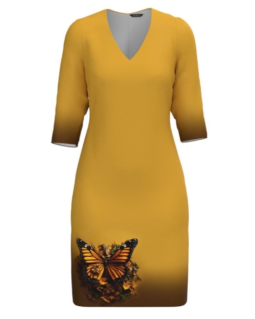 Rochie casual ocru cu decolteu in V imprimata Fluture CMD4824