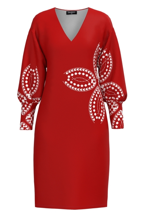Rochie casual rosie din catifea cu imprimeu floral traditional