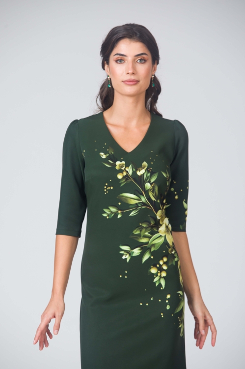 Rochie casual verde cu decolteu in V imprimata cu model floral CMD4808 - Img 3