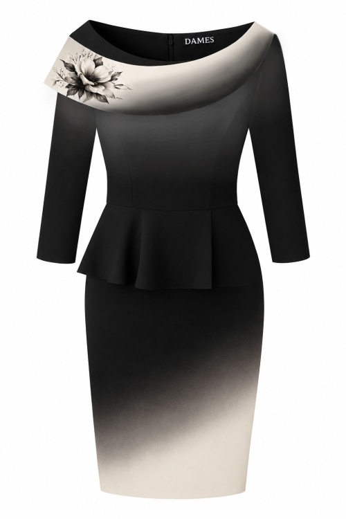 Rochie conica neagra in degrade cu volan si detaliu floral
