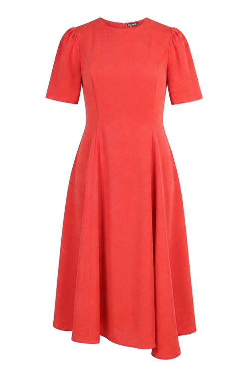 Rochie corai din vascoza premium satinata cu croiala asimetrica