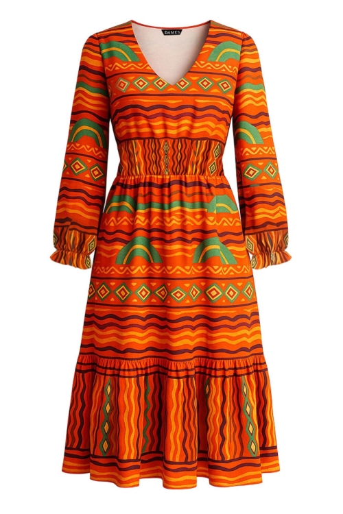 Rochie cu imprimeu aztec si talie elastica