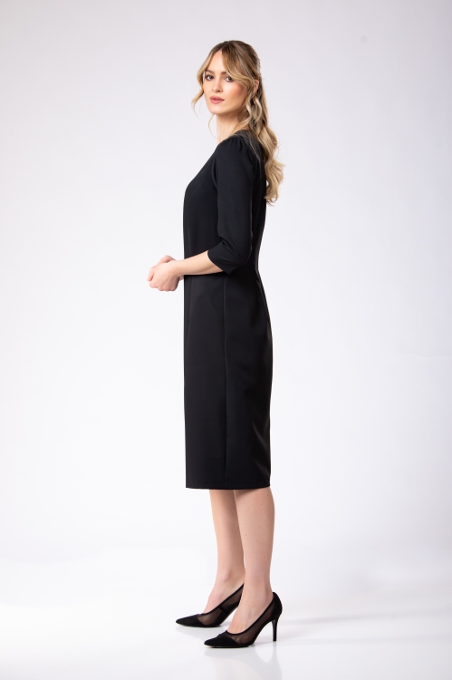 Rochie cu pliuri neagra imprimata infinit cu maneca trei sferturi - Img 4