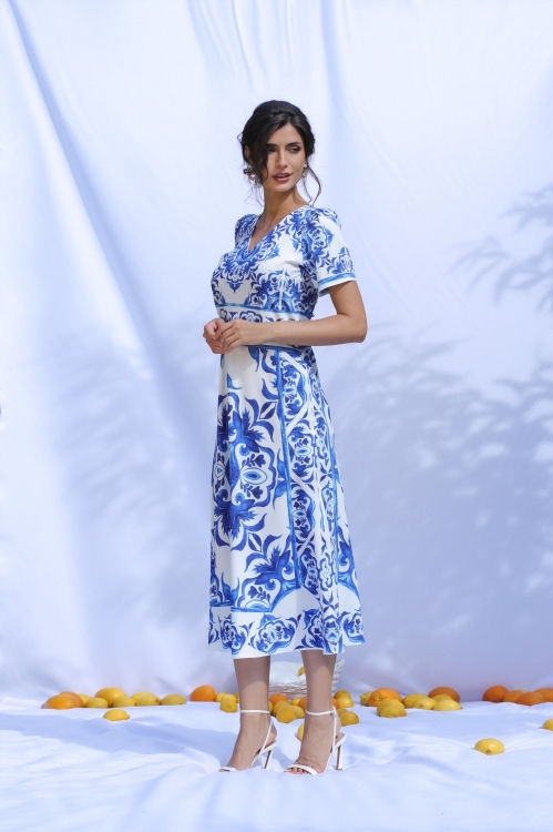 Rochie de vara alba lunga cu buzunare imprimata cu model Albastru CMD2939 - Img 2