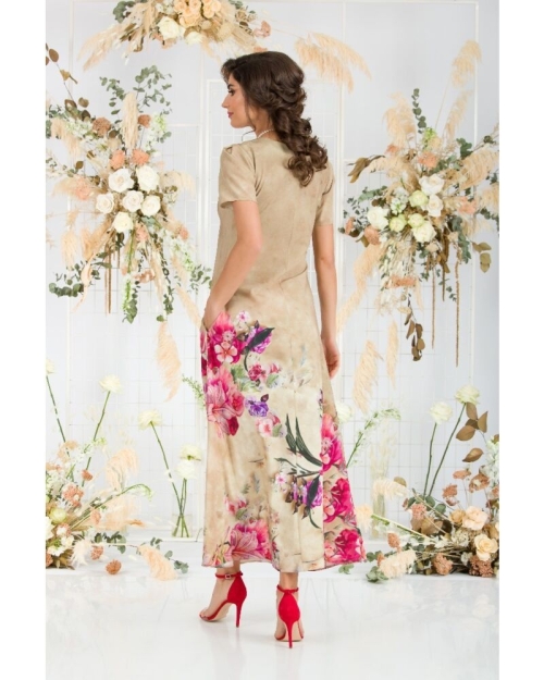 Rochie de vara bej lunga cu buzunare imprimata digital Floral CMD723 - Img 7