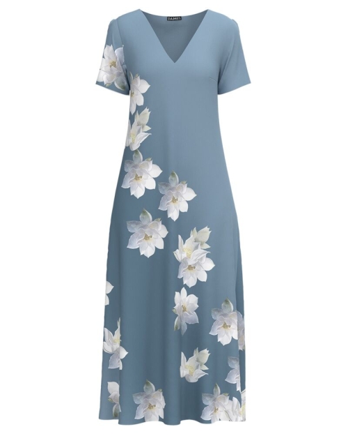 Rochie de vara bleu lunga cu buzunare imprimata cu model Nuferi CMD2933