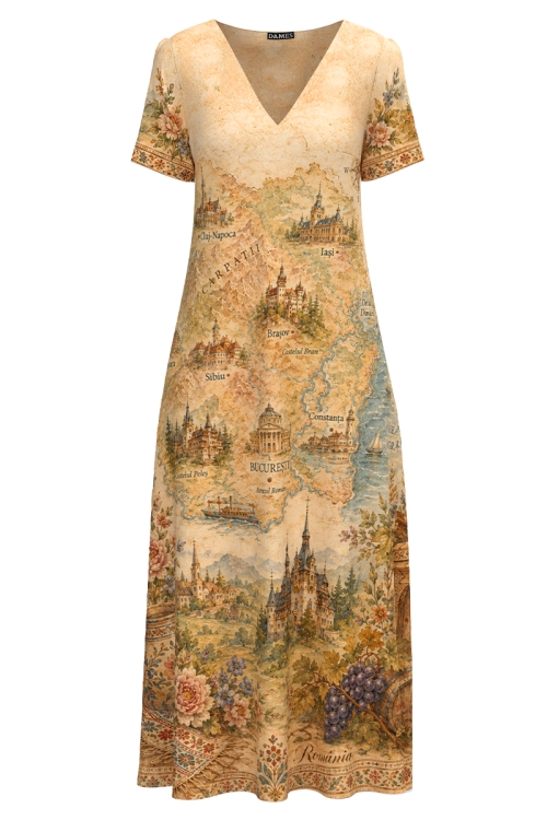 Rochie de vara lunga cu buzunare imprimata Cartoline Romania