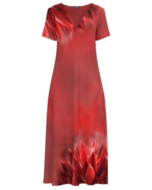 Rochie de vara lunga cu buzunare imprimata in nuante de rosu