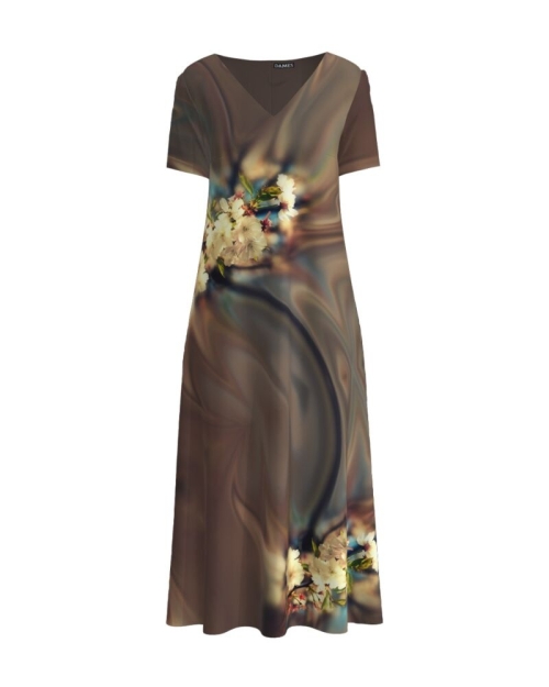 Rochie de vara maro lunga cu buzunare imprimata digital Floral CMD893 - Img 1