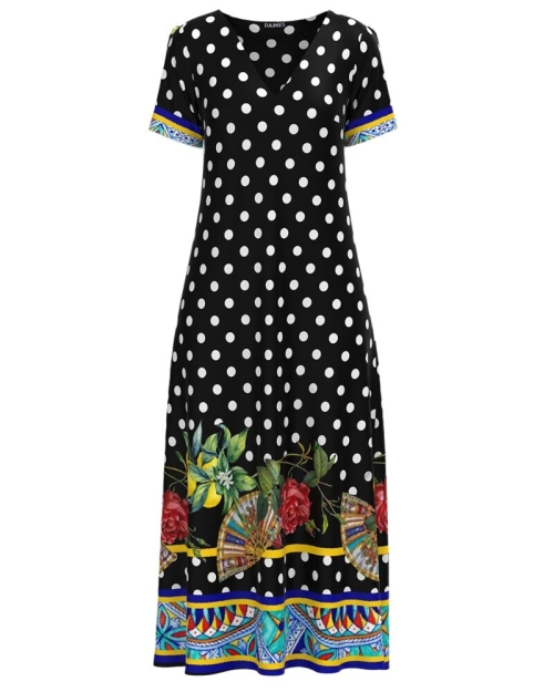Rochie de vara neagra lunga cu buzunare imprimata cu model buline CMD2920 - Img 1
