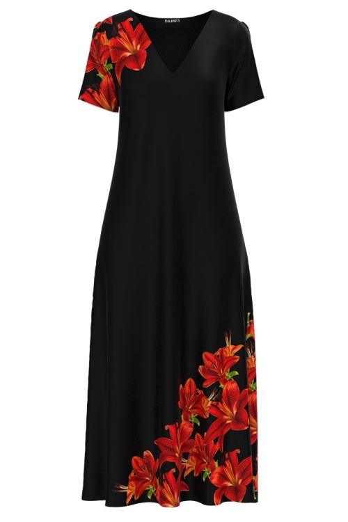 Rochie de vara neagra lunga cu buzunare imprimata cu model Crini CMD2875 - Img 2