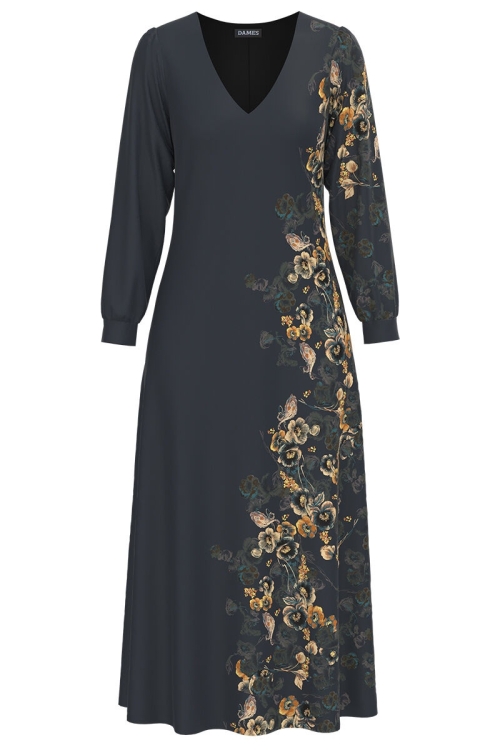 Rochie eleganta antracit cu maneca lunga si imprimeu Floral CMD1344 - Img 2