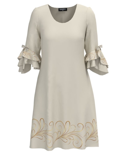Rochie eleganta bej cu un imprimeu floral si maneci trei sferturi cu volane