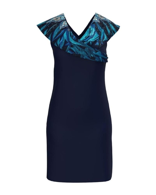 Rochie eleganta bleumarin cu decolteu si detalii pe umeri