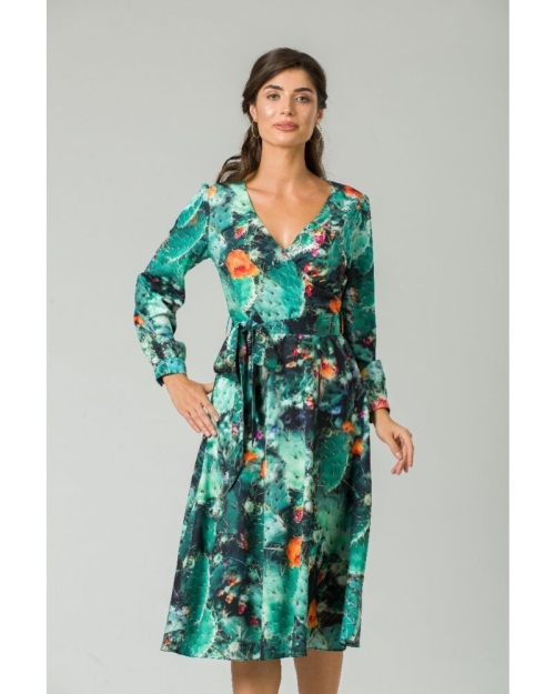 Rochie eleganta cu maneca lunga imprimata Flori de cactus CMD228 - Img 4
