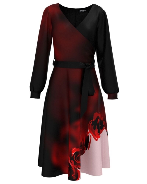 Rochie eleganta cu maneca lunga in nuante de bordo imprimata trandafiri