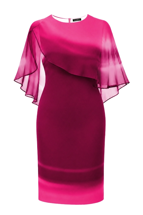 Rochie eleganta cu pelerina din organza imprimata degrade fucsia