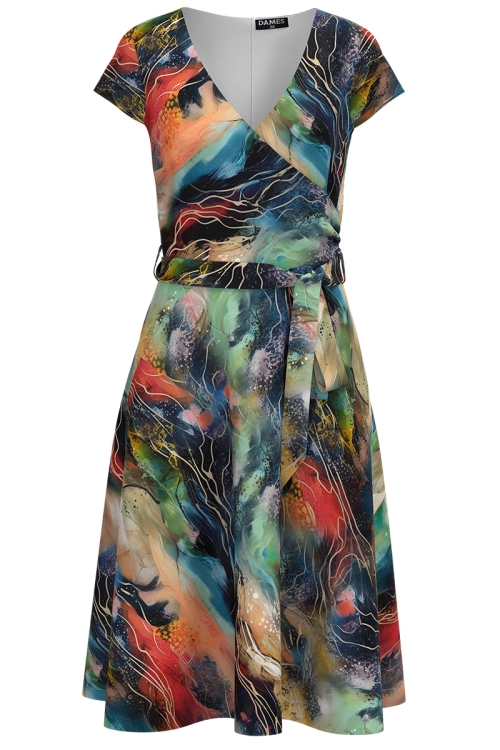Rochie eleganta de vara cu maneca scurta imprimata multicolor abstract