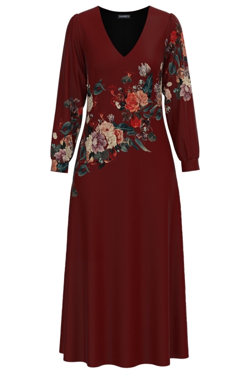 Rochie eleganta grena cu maneca lunga si imprimeu Floral CMD1341
