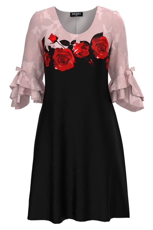 Rochie eleganta in doua culori cu imprimeu trandafiri si maneci trei sferturi cu volane