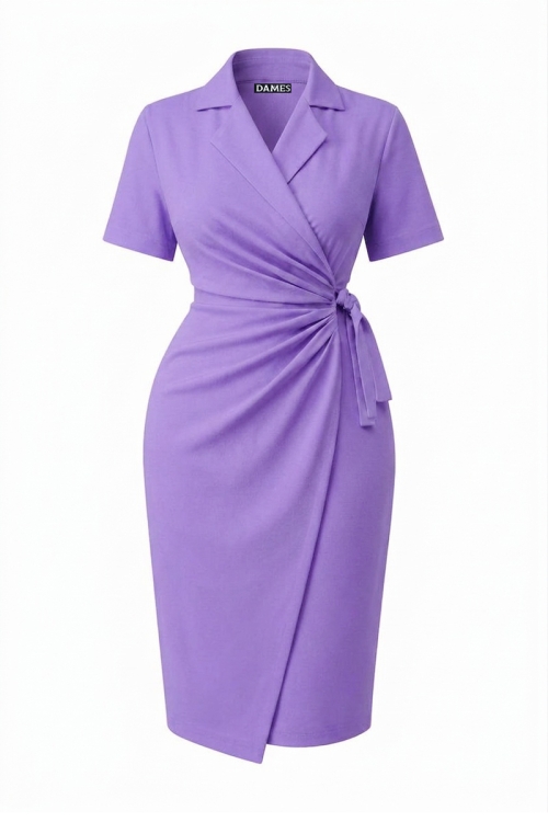 Rochie eleganta lila parte peste parte cu maneca scurta