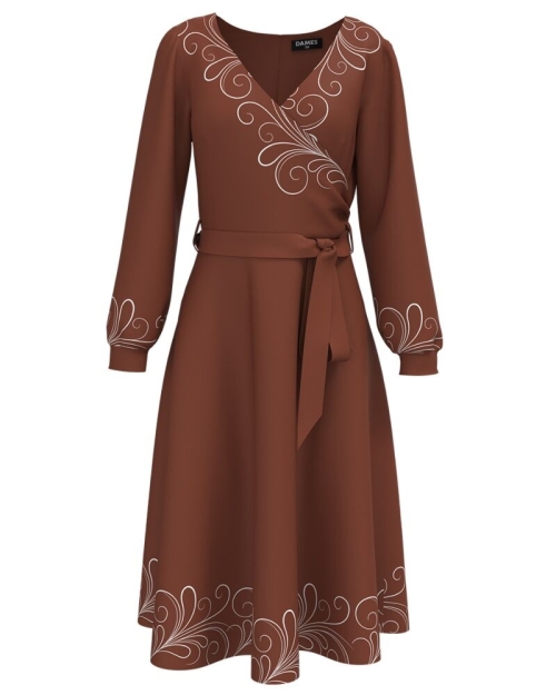Rochie eleganta maro cu maneca lunga imprimata cu model Floral