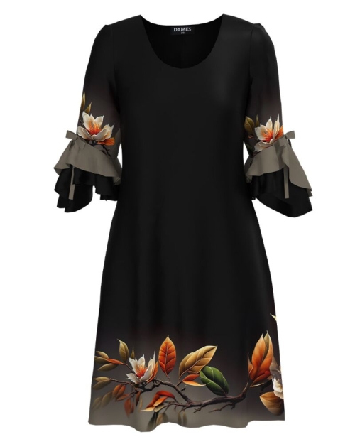 Rochie eleganta neagra cu un imprimeu floral si maneci trei sferturi cu volane