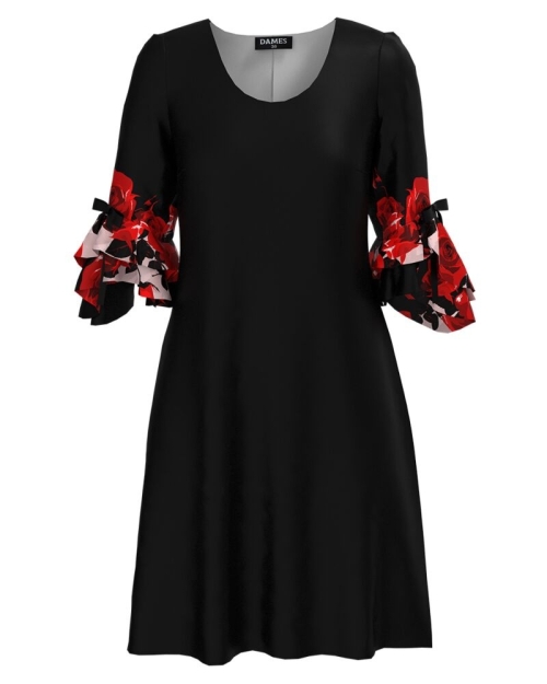 Rochie eleganta neagra cu un imprimeu trandafiri si maneci trei sferturi cu volane