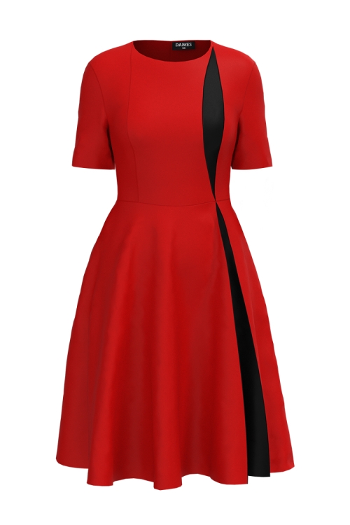 Rochie eleganta rosie cu cu sectiune in contrast