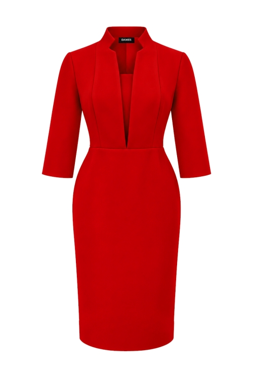 Rochie eleganta rosie cu rever si decolteu in V