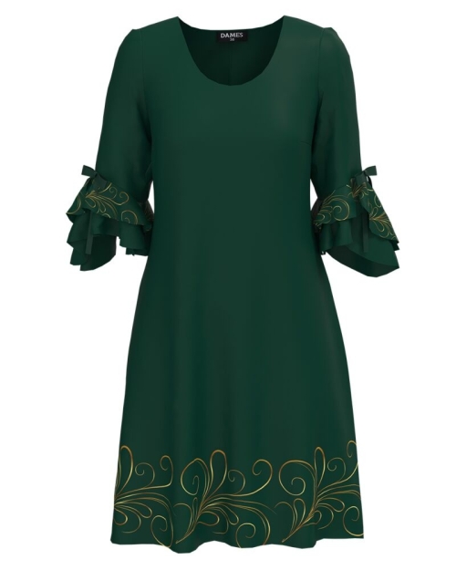 Rochie eleganta verde cu un imprimeu floral si maneci trei sferturi cu volane