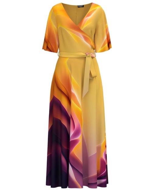Rochie galbena lunga eleganta de seara imprimata cu model in contrast CMD4136