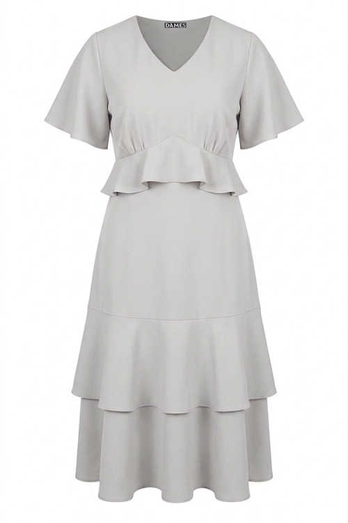 Rochie gri din crepe cu volane