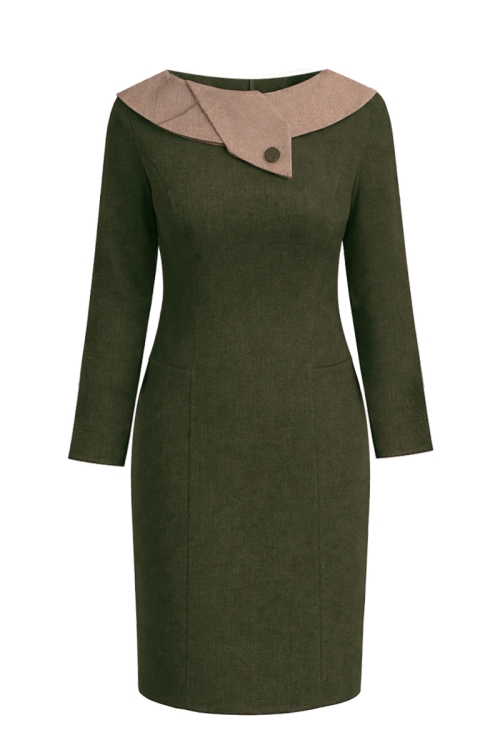 Rochie kaki din stofa fina cu guler asimetric barcuta