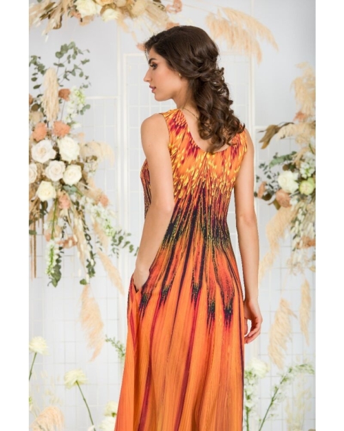 Rochie lunga casual de vara cu buzunare imprimata in nuante de ocru CMD797 - Img 8