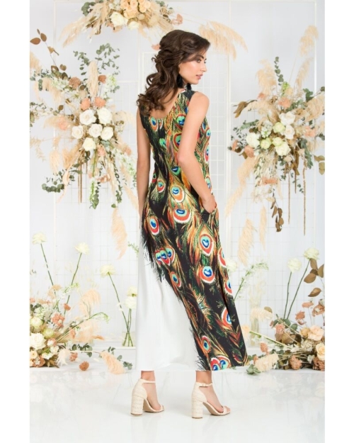 Rochie lunga casual de vara cu buzunare, multicolora imprimata cu model paun CMD805 - Img 8