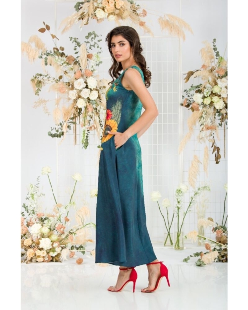 Rochie lunga casual de vara cu buzunare,verde imprimata cu model Floarea soarelui CMD802 - Img 8
