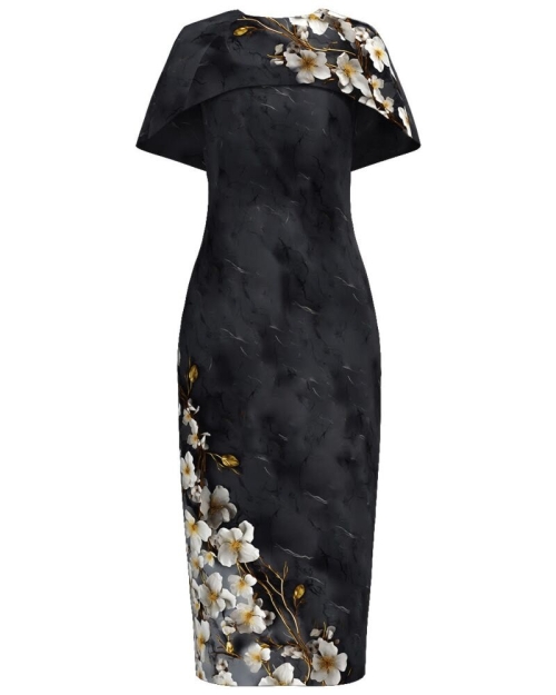 Rochie lunga cu capa detasabila imprimata in nuante de gri CMD4857 - Img 1