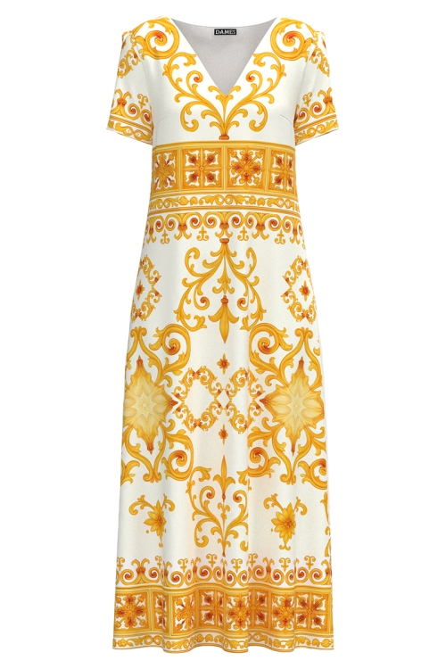 Rochie lunga de vara cu buzunare imprimata cu model floral oriental galben