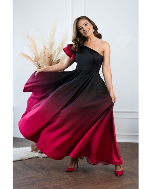 Rochie lunga eleganta din satin imprimat in degrade cu detaliu pe umar CMD4587 - Img 4