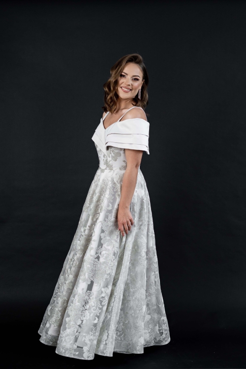 Rochie lunga eleganta din tulle brodat cu decolteu fronsat CMD4245 - Img 2
