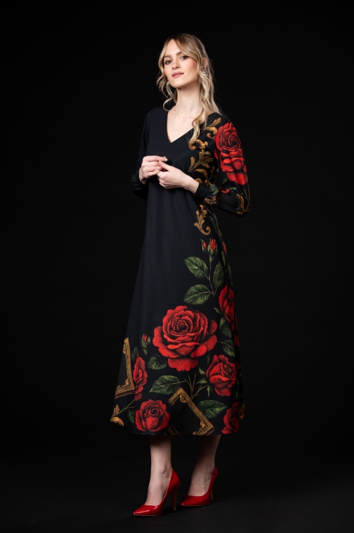 Rochie lunga imprimata Noir Rose