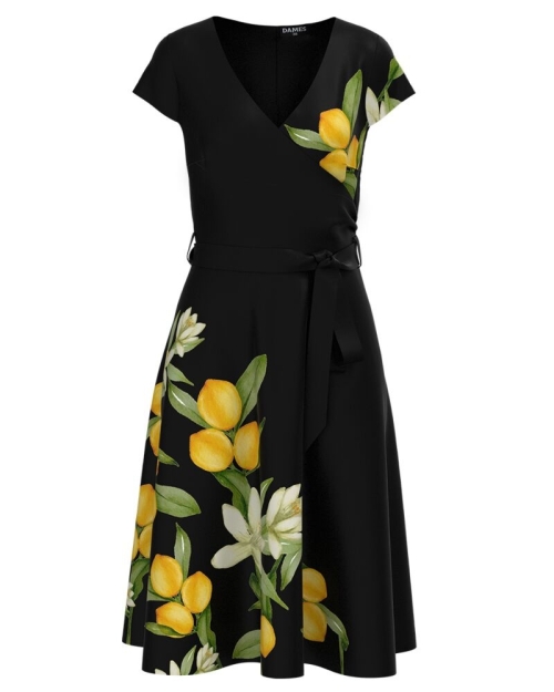 Rochie neagra casual de vara cu maneca scurta si imprimeu Lamai CMD2978