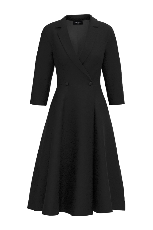 Rochie neagra clos tip pardesiu petrecuta cu buzunare