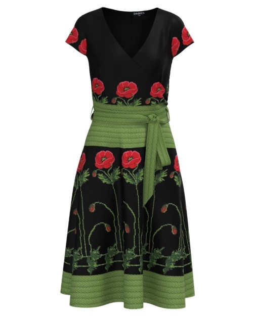 Rochie neagra de vara cu maneca scurta imprimata Maci