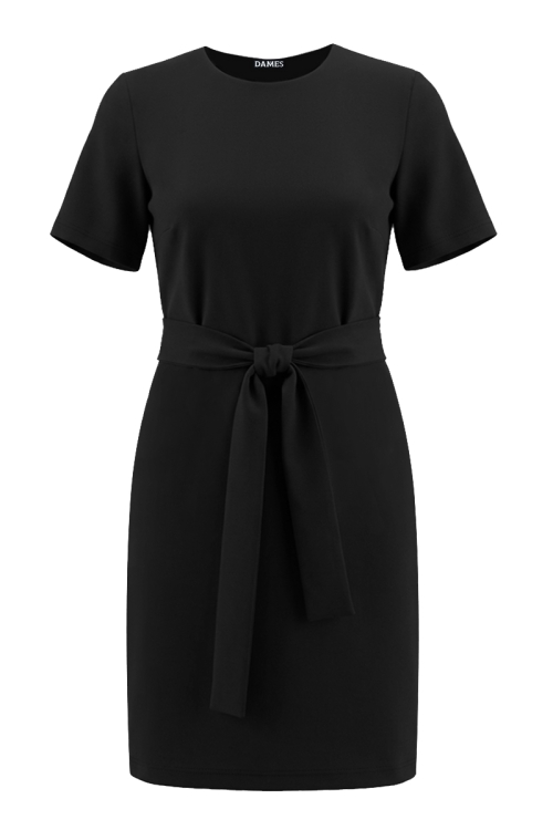 Rochie neagra de vara cu maneca scurta si cordon in talie