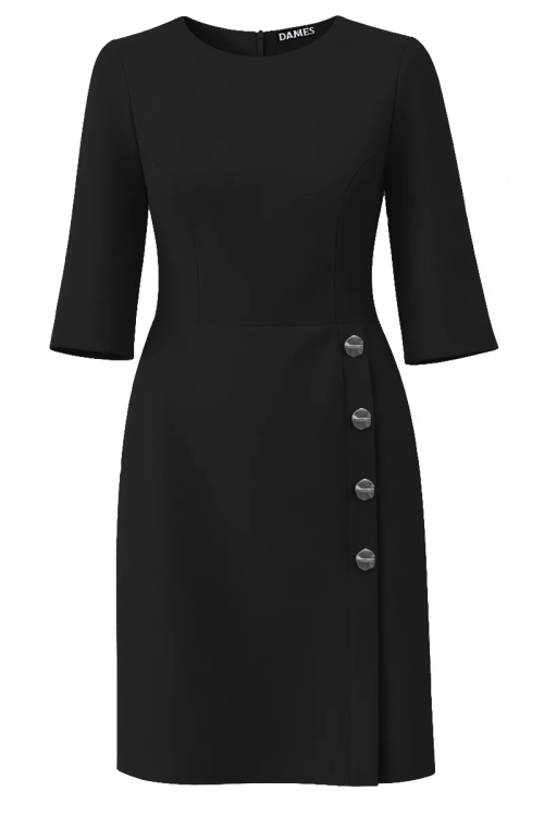 Rochie neagra eleganta cu slit si nasturi bijuterie